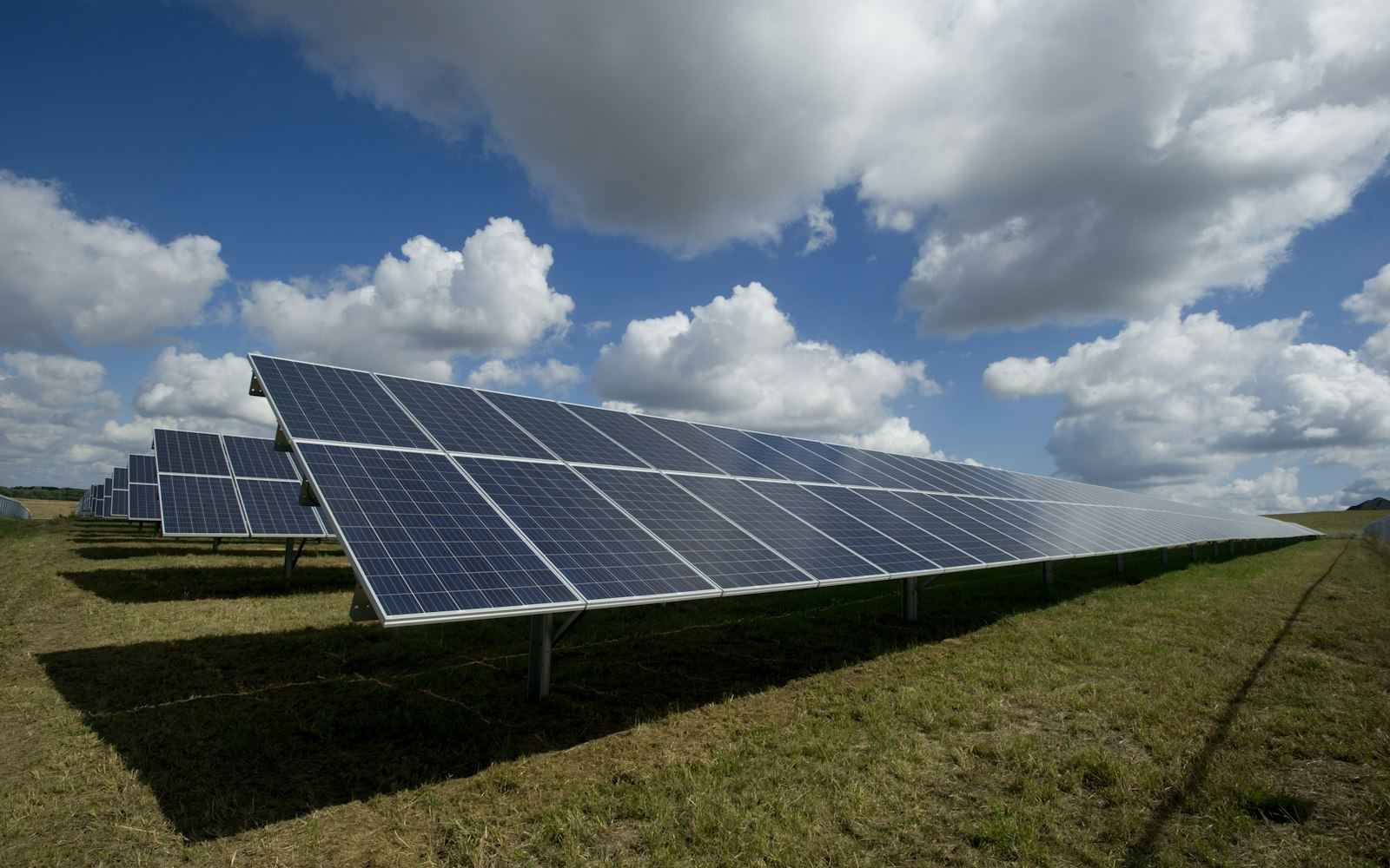 Freiflächen-Solaranlage unter blauem Himmel